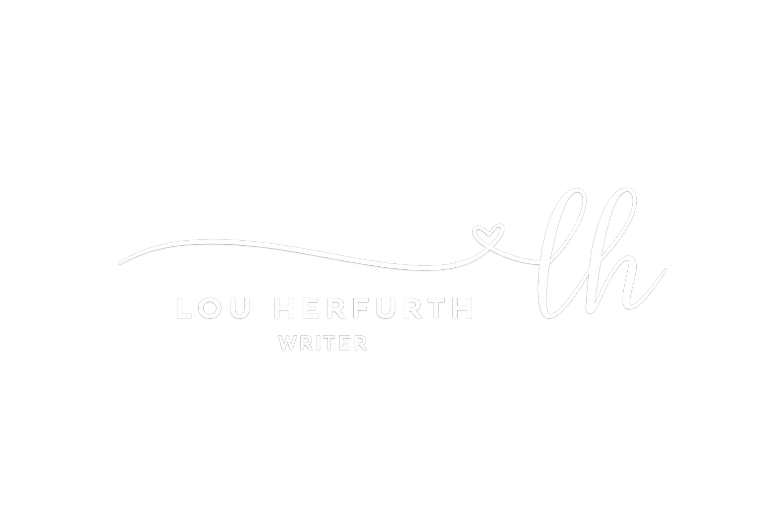 Ein minimalistisches Logo zeigt ein geschwungenes „lh“ mit Herz; darunter steht „Lou Herfurth Writer“ auf hellgrauem Hintergrund