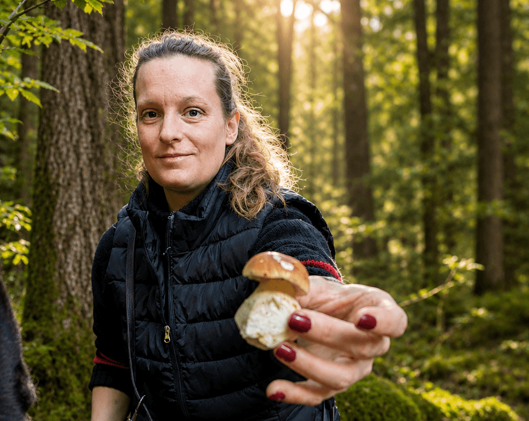 Eine Frau steht im Wald und hält einen Pilz in die Kamera, während im Vordergrund ein Hund mit rotem Geschirr sitzt