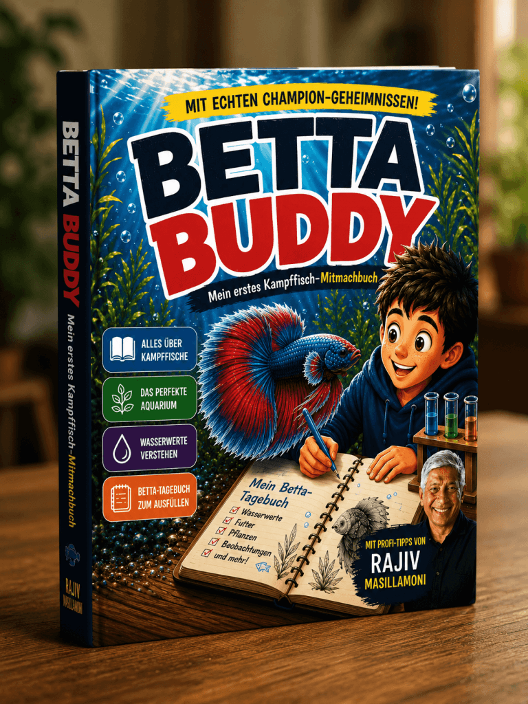 Auf dem farbenfrohen Kinderbuch „Betta Buddy“ sind auf dem Cover ein Junge, ein Betta-Fisch und ein gezeichnetes Aquarium zu sehen