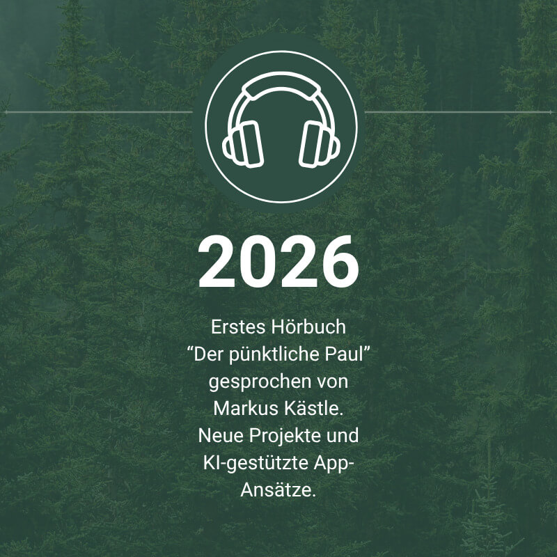 Ein weißes Kopfhörer-Symbol, die Zahl 2026 und deutscher Text auf grünem Hintergrund mit schwachen Umrissen von Waldbäumen