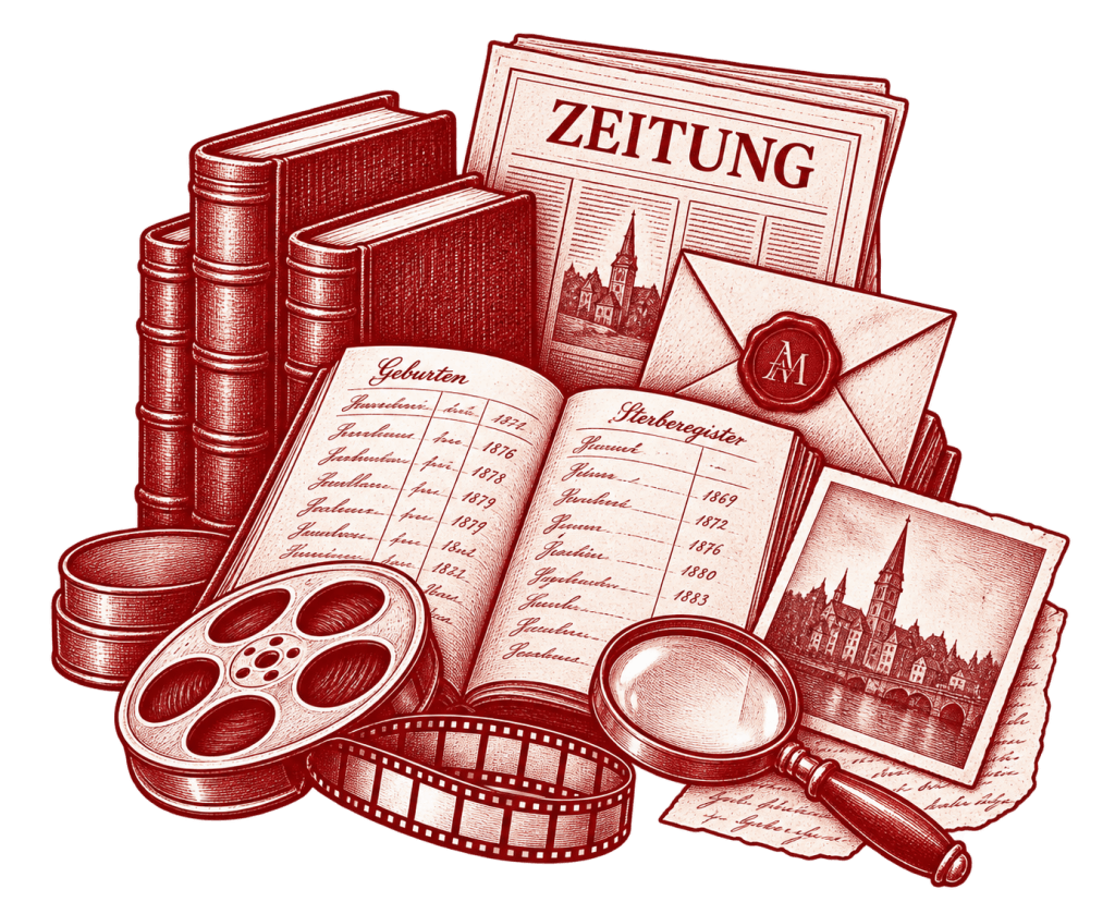 Rote Vintage-Objekte wie Bücher, Filmrollen, Fotos und Briefe, sorgfältig ausgewählt vom Atelier Memoria