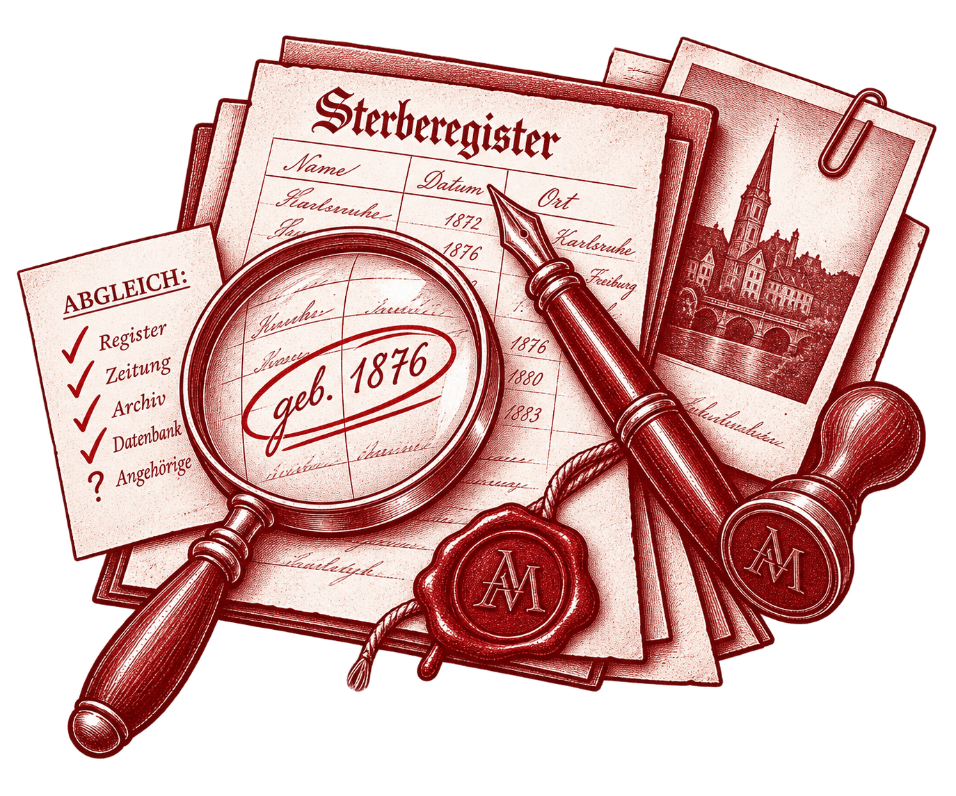 Auf einem deutschen Sterberegister aus dem Jahr 1876 liegt eine Lupe, daneben Unterlagen von Atelier Memoria, ein Stift, ein Foto und ein Wachssiegel