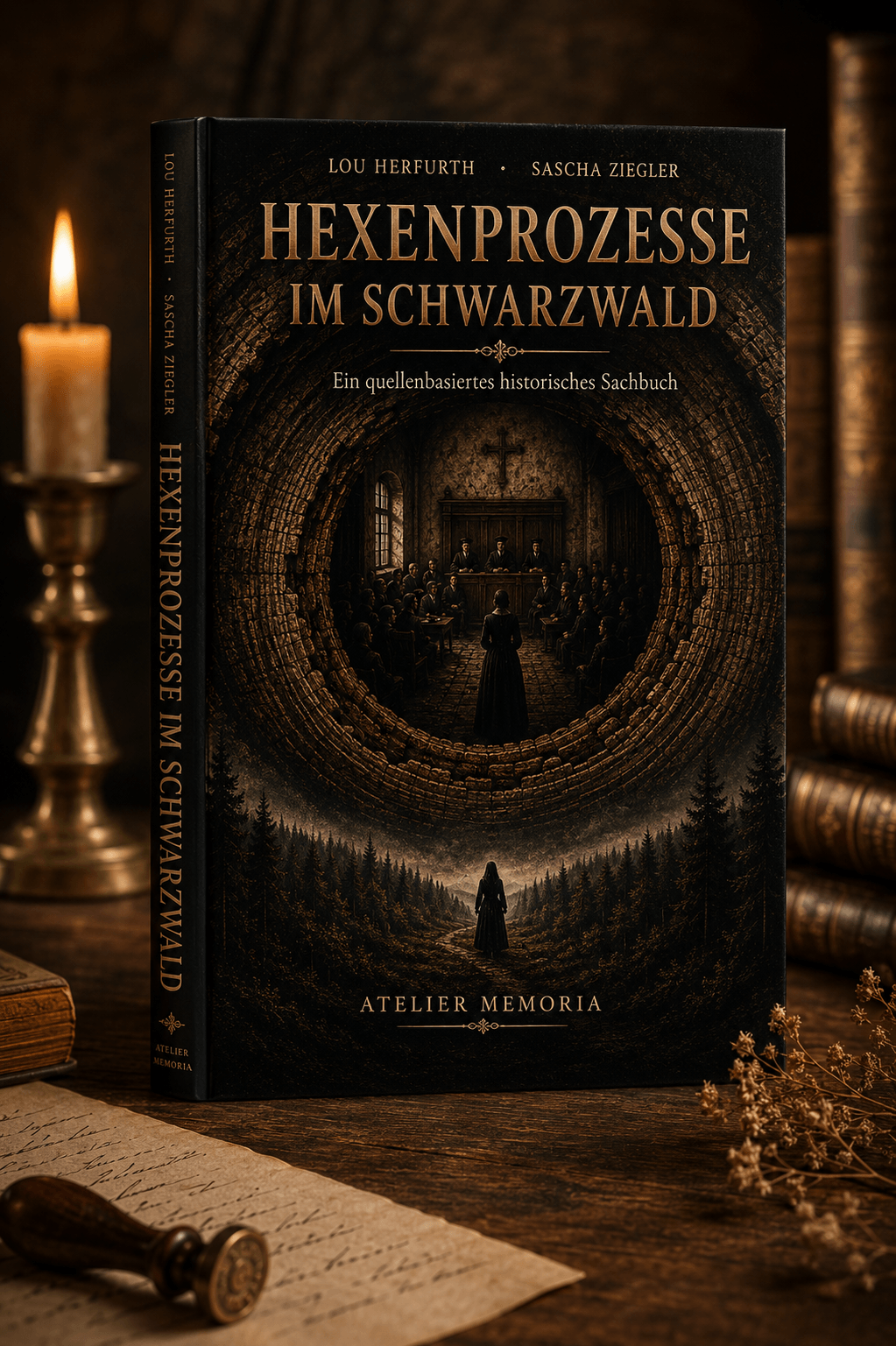 „Hexenprozesse im Schwarzwald“ steht aufrecht auf einem rustikalen Tisch im Atelier Memoria, Kerzenlicht flackert zwischen alten Büchern