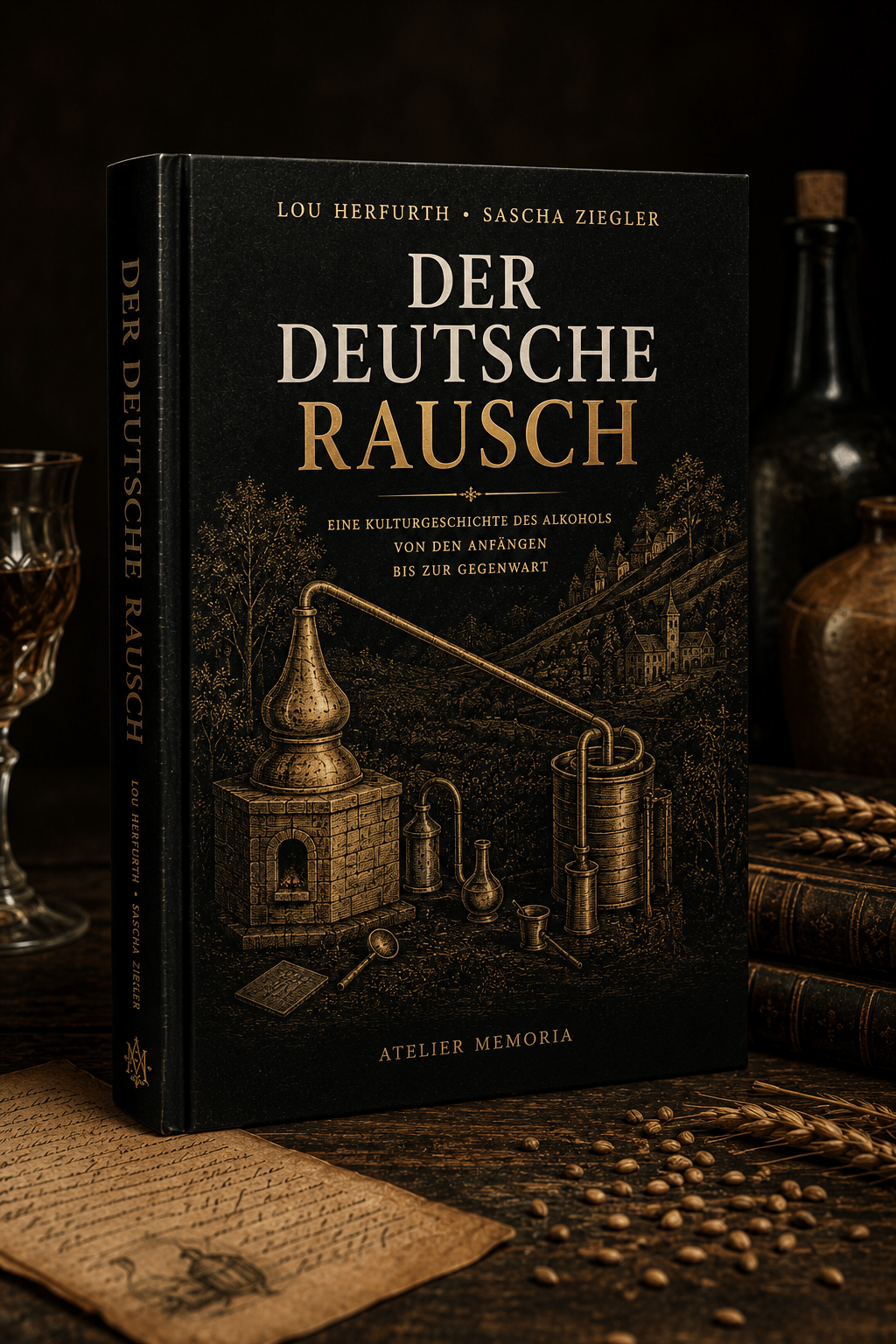 Auf einem rustikalen Tisch liegt das Buch „Der Deutsche Rausch“ mit der Destillationskunst von Atelier Memoria auf dem Einband