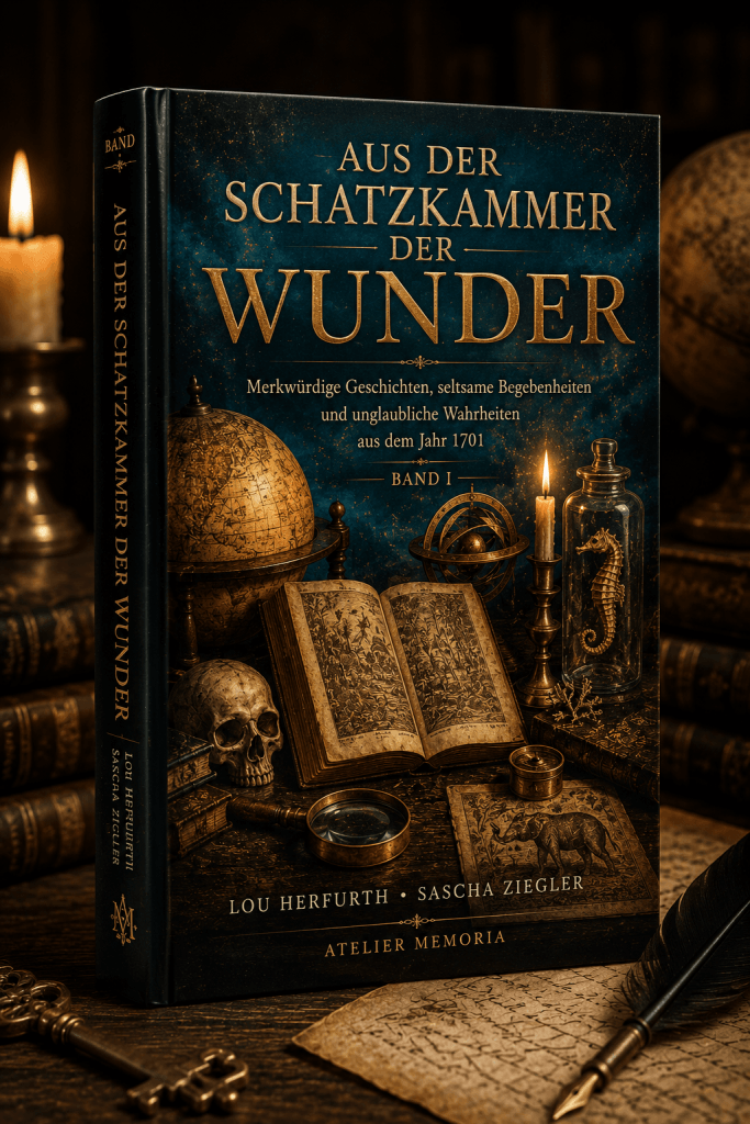 Im Atelier Memoria liegt das Buch „Aus der Schatzkammer der Wunder“ neben alten Karten, einer brennenden Kerze und einem Globus