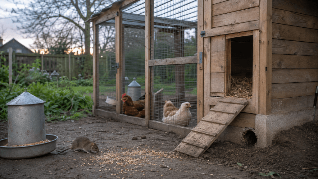 Drei Hühner sitzen im Hühnerstall, draußen frisst eine Ratte Futterreste – Hühnerstall vor Ratten schützen
