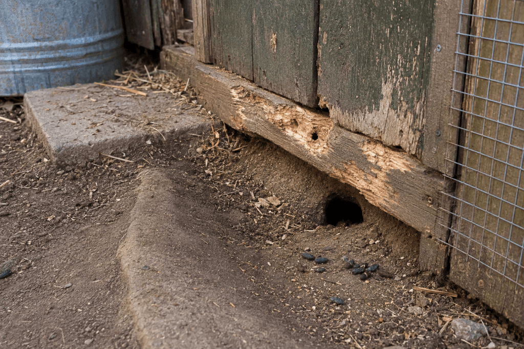 Unter einem verwitterten Holzschuppen befindet sich ein Loch, daneben liegt Tierkot, rechts sind der Boden, Beton und Drahtgeflecht zu sehen