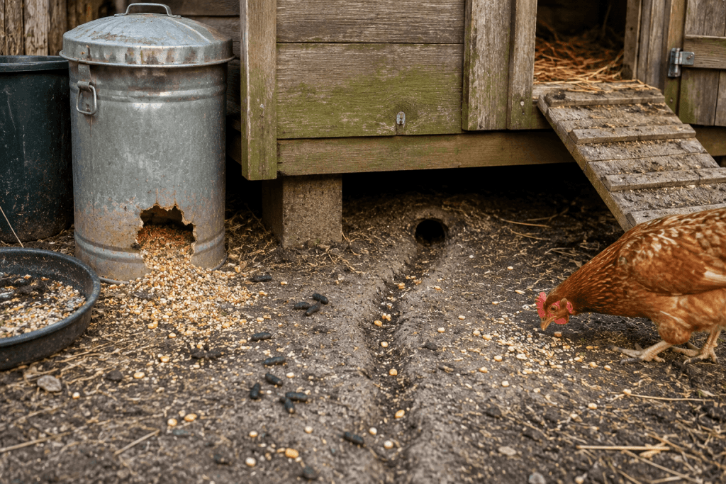Ein Huhn am Eingang des Hühnerstalls mit verschüttetem Getreide, einem löchrigen Metallkanister, Kot und Rattenlöchern im Boden