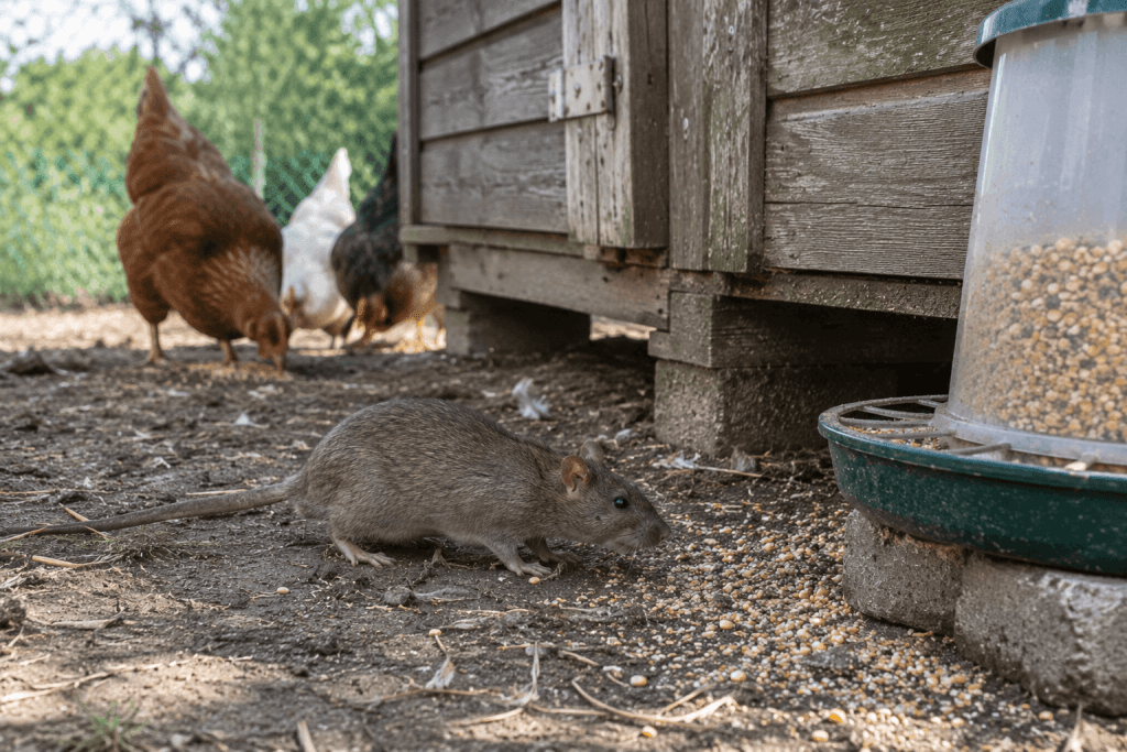 Eine Ratte frisst tagsüber neben einem Hühnerstall verschüttetes Futter, während im Hintergrund drei Hühner picken