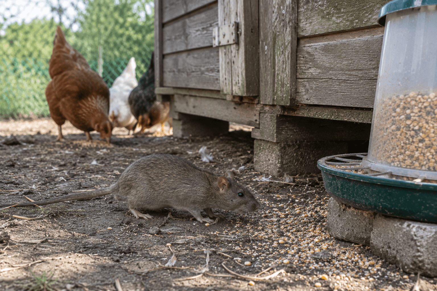 Eine Ratte frisst tagsüber neben einem Hühnerstall verschüttetes Futter, während im Hintergrund drei Hühner picken