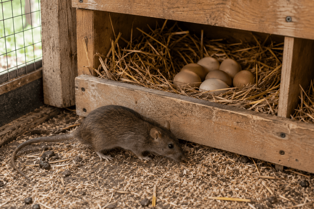 Eine braune Ratte sitzt auf dem Boden neben einem Nistkasten aus Holz, in dem sich Eier und Stroh befinden; die Küken könnten in Gefahr sein