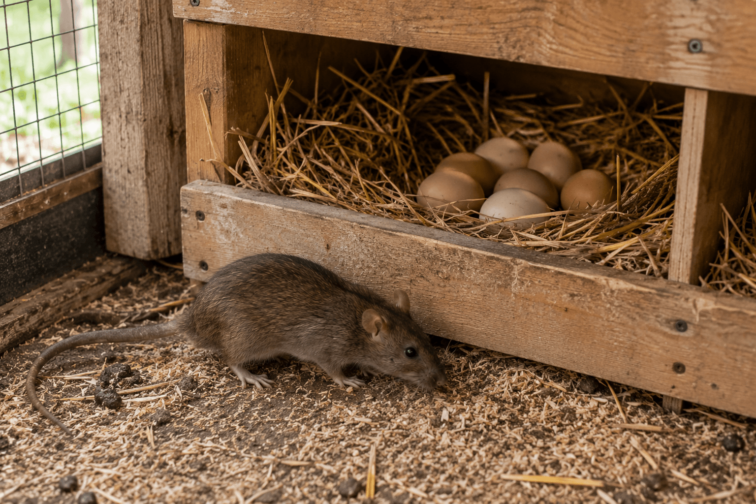 Eine braune Ratte sitzt auf dem Boden neben einem Nistkasten aus Holz, in dem sich Eier und Stroh befinden; die Küken könnten in Gefahr sein