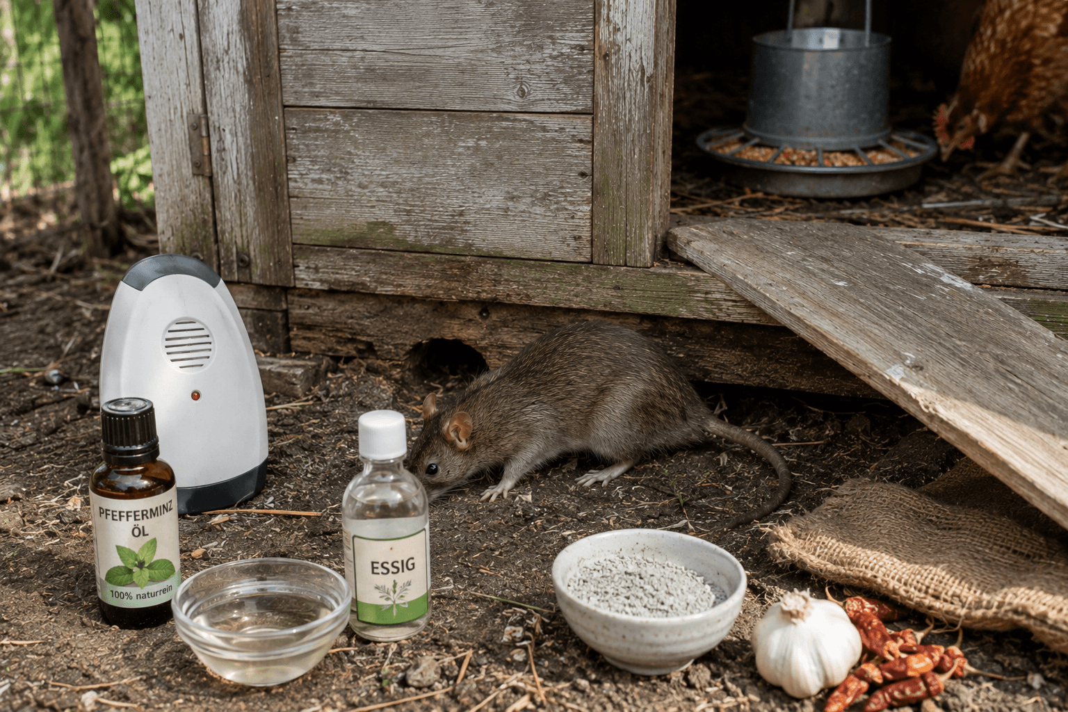 Eine Ratte wird am Hühnerstall durch Hausmittel wie Pfefferminzöl, Essig, Knoblauch und Chili davon abgehalten, auf den Boden zu gelangen