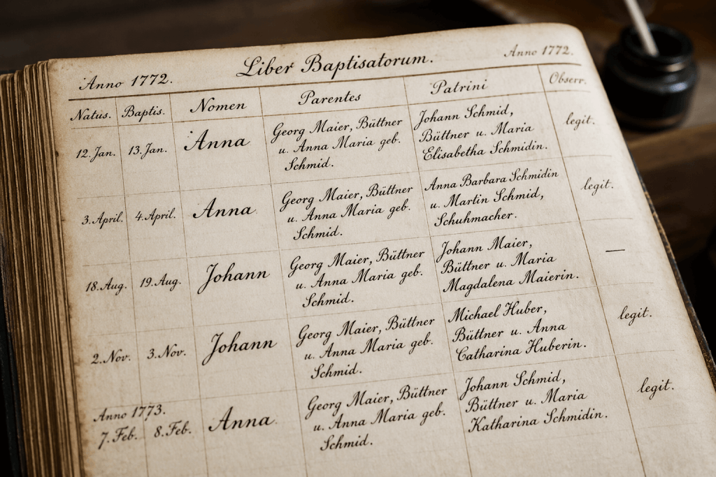 Nahaufnahme eines handschriftlichen Taufeintrags aus dem Jahr 1772 in deutscher Sprache mit den Namen des Kindes, der Eltern und der Paten