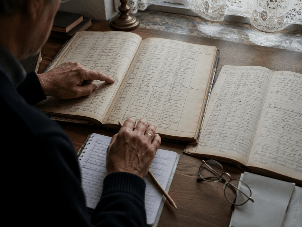 Eine Person zeigt auf handgeschriebenen Text in einem alten Buch; daneben liegen Hilfsmittel für die Ahnenforschung und die Erstellung von Stammbäumen