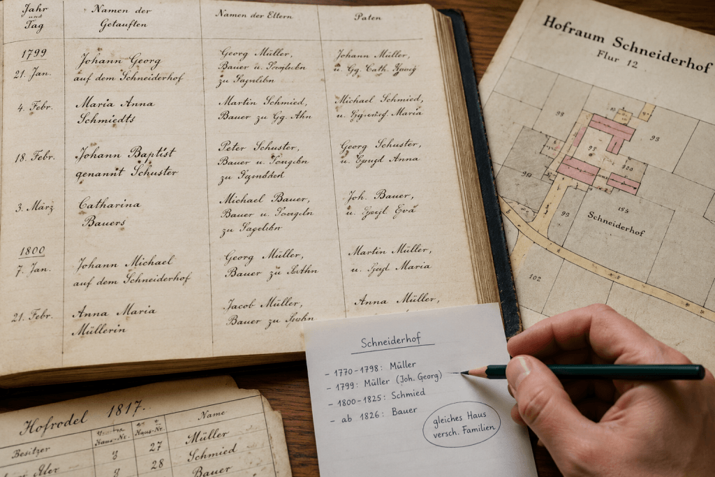 Auf einem Holztisch wird handschriftlich ein Ahnenforschungsbericht mit alten deutschen Unterlagen und Karten zu Hausnamen erstellt