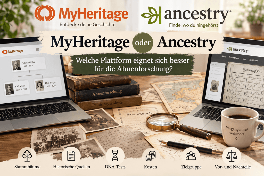 Zwei Laptops mit frei zugänglichen Stammbaum-Programmen, alte Fotos und Materialien zur Ahnenforschung auf einem Holztisch