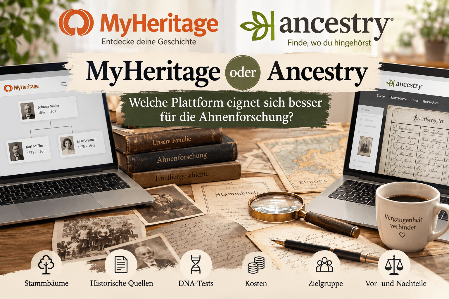 Zwei Laptops mit frei zugänglichen Stammbaum-Programmen, alte Fotos und Materialien zur Ahnenforschung auf einem Holztisch