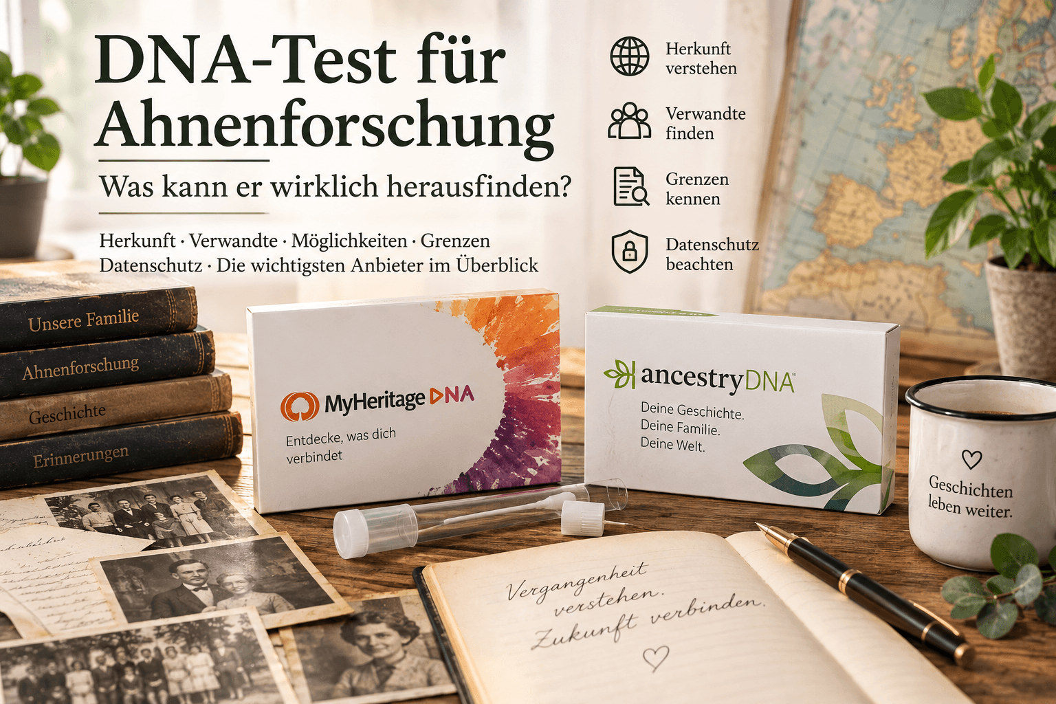 Zwei DNA-Testkits, Notizbücher und alte Fotos liegen auf einem Holztisch, der sich für die Ahnenforschung eignet