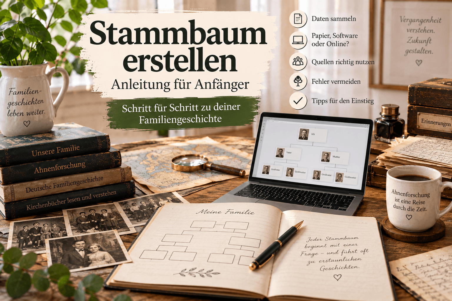 Ein Schreibtisch mit Familienfotos, Kaffee und einem Laptop mit einer Anleitung zur Erstellung eines Stammbaums – ein gemütlicher Arbeitsplatz für Anfänger