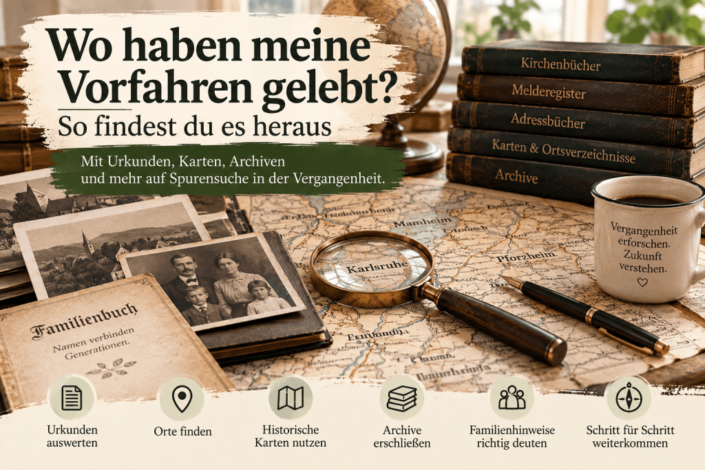 Auf einem Schreibtisch liegen eine Karte, alte Bücher, Fotos und Kaffee als Hilfsmittel für die Ahnenforschung und die Erforschung der Herkunft