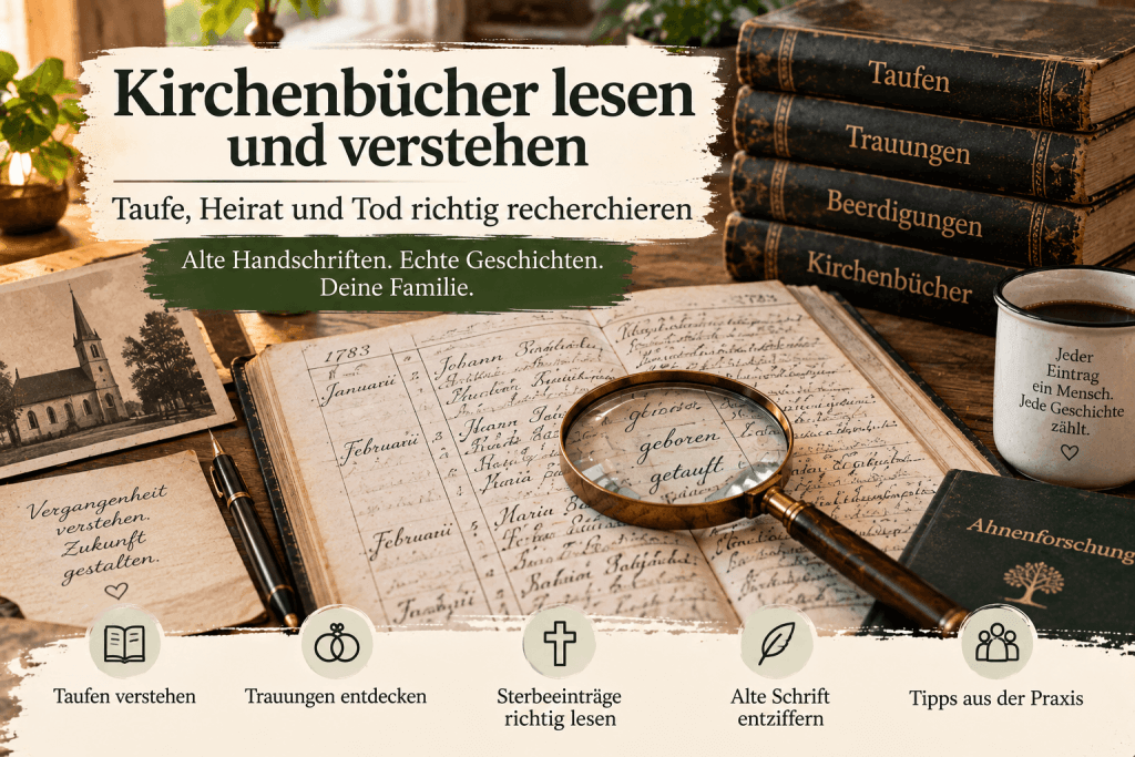 Alte Bücher, Dokumente, Vintage-Fotos und eine Lupe auf einem Schreibtisch mit Texten zu Heirat und Taufe in Kirchenbüchern