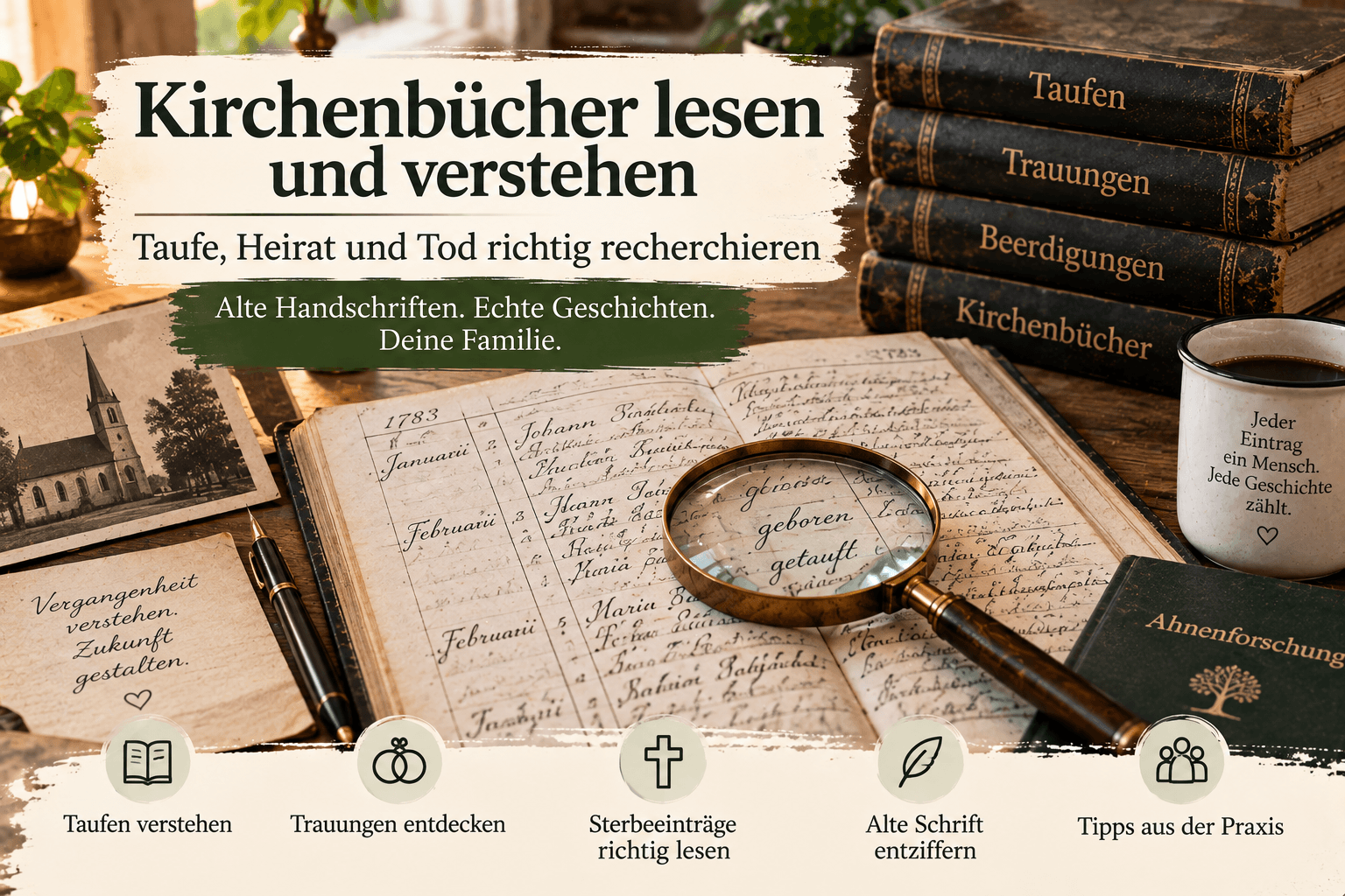 Alte Bücher, Dokumente, Vintage-Fotos und eine Lupe auf einem Schreibtisch mit Texten zu Heirat und Taufe in Kirchenbüchern