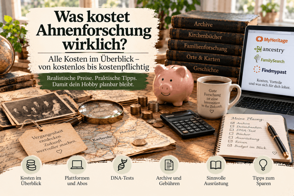 Auf einem Schreibtisch liegen ein Sparschwein, ein Laptop, Münzen, Bücher, eine Kaffeetasse und Unterlagen zu den Kosten und Ressourcen der Ahnenforschung.