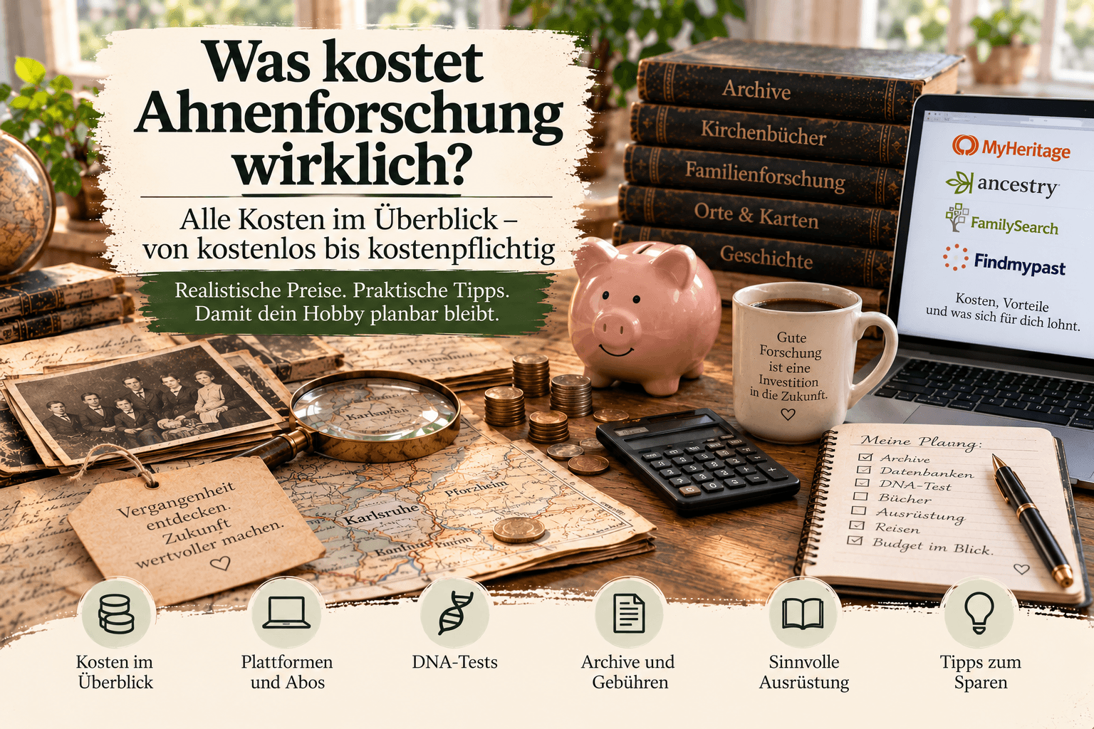 Auf einem Schreibtisch liegen ein Sparschwein, ein Laptop, Münzen, Bücher, eine Kaffeetasse und Unterlagen zu den Kosten und Ressourcen der Ahnenforschung.