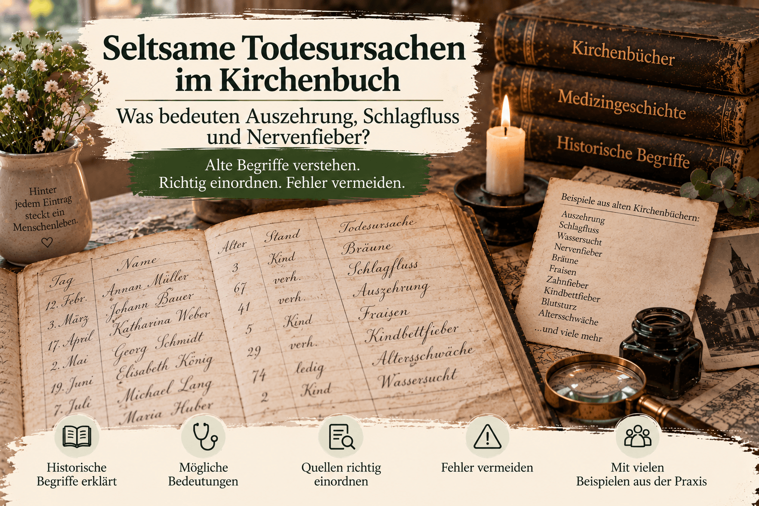 Alte Bücher, ein Notizbuch und eine Feder deuten darauf hin, dass in historischen Kirchenbüchern nach Todesursachen wie Auszehrung geforscht wurde