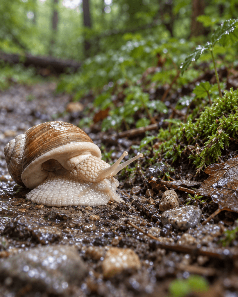 Eine braune Schnecke einer bestimmten Art kriecht langsam über den nassen, felsigen Waldboden, umgeben von grünem Moos und Blättern