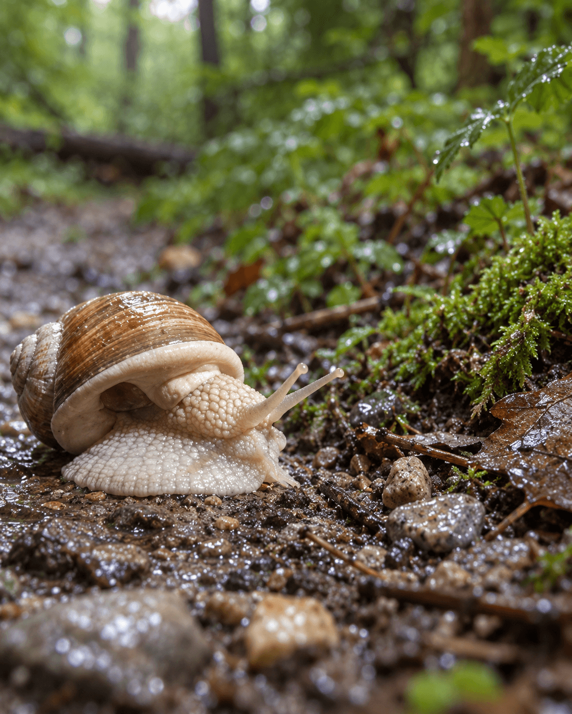 Eine braune Schnecke einer bestimmten Art kriecht langsam über den nassen, felsigen Waldboden, umgeben von grünem Moos und Blättern