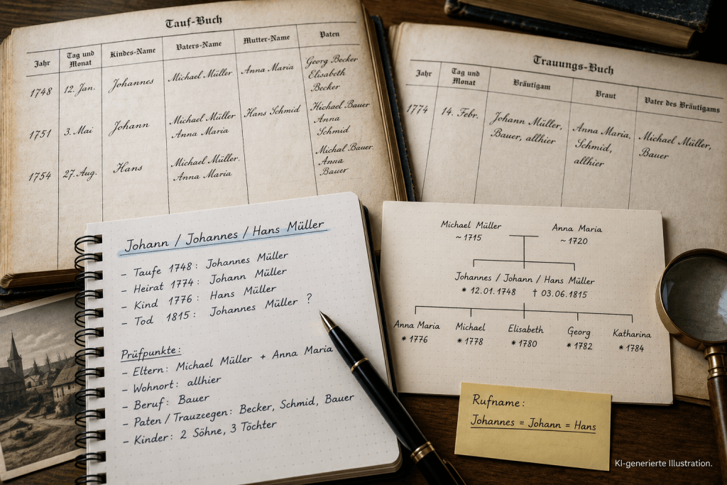 Ahnenforschung mit dem Stammbaum von Johannes, umgeben von handschriftlichen Notizen und Büchern auf einem Holzschreibtisch