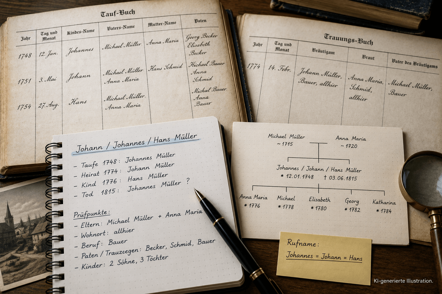 Ahnenforschung mit dem Stammbaum von Johannes, umgeben von handschriftlichen Notizen und Büchern auf einem Holzschreibtisch